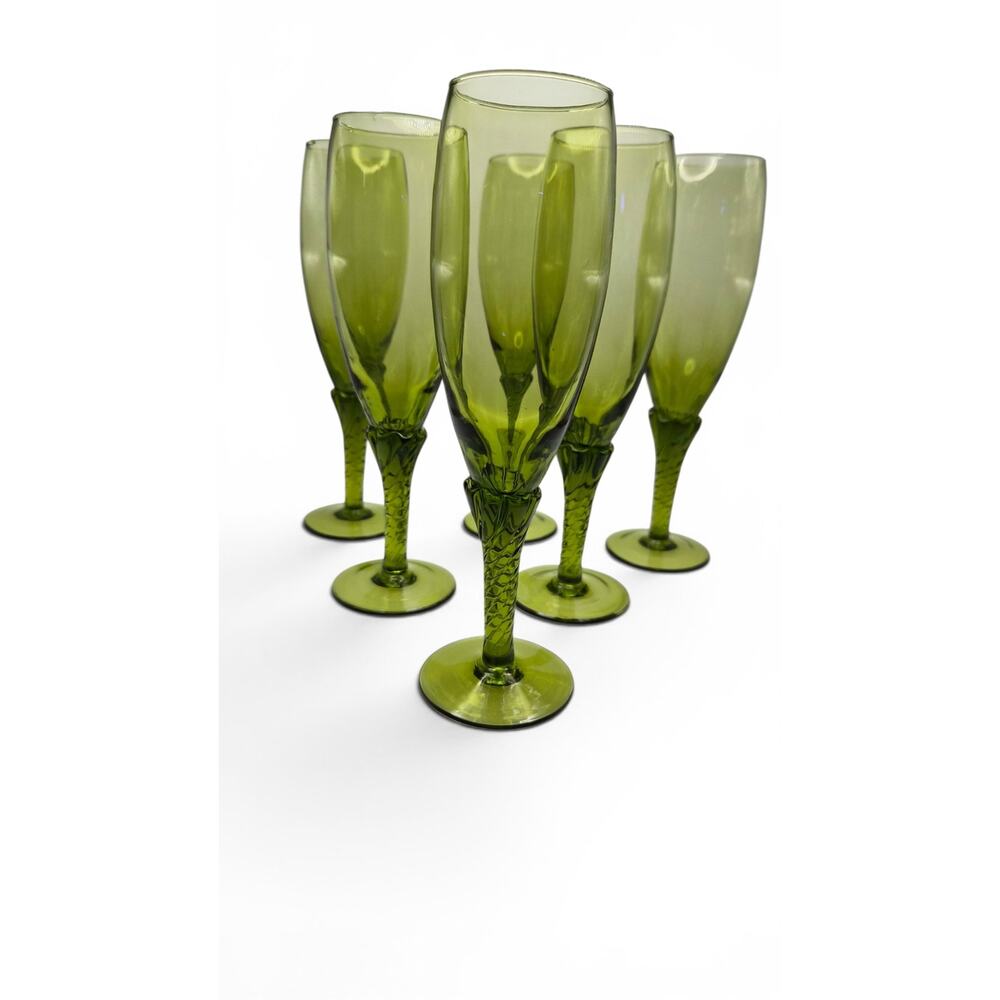 Vintage Avocado Green Twisted Stem Champagne Flutes Set of 6